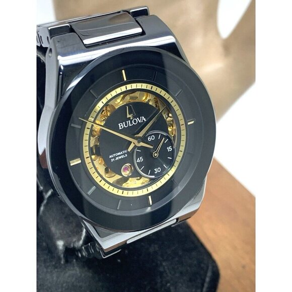 Bulova Men's Watch 98A291 Millennia Automatic Skeleton Gold Black Dial Ceramic - Picture 13 of 14